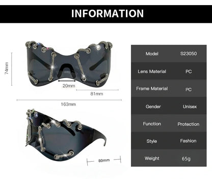 Women's Exaggerated Oversized One-Piece Rhinestone Chain Sunglasses Y2K Retro Futuristic Fashion Silver Goggles Shades for Party