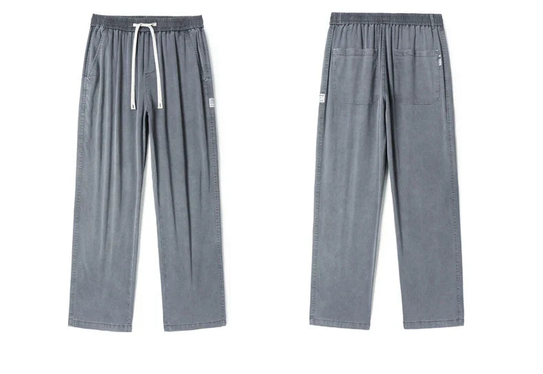 Summer Soft Lyocell Fabric Men's Jeans Thin Loose Straight Pants Drawstring Elastic Waist Korea Casual Trousers Plus Size M-5XL