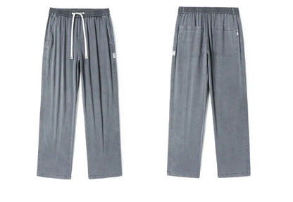 Summer Soft Lyocell Fabric Men's Jeans Thin Loose Straight Pants Drawstring Elastic Waist Korea Casual Trousers Plus Size M-5XL