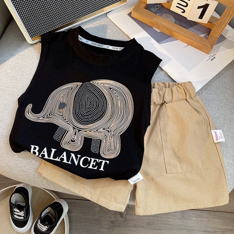 New Summer Suits for Baby Cartoon Elephant Kids Sleeveless Top +Short Pants 2pcs/sets Toddler Boy Casual Fashion Clothing Suits