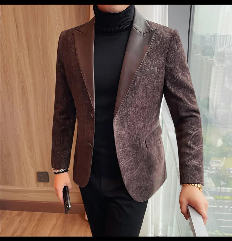 2025 Fashion Leather Neck Spliced Suit Jacket Luxury Men's Business Slim Fit Social Formal Blazers Coats Wedding Groom Tuxedos
