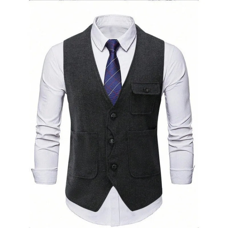 Suit Vest Man Vintage Single-breasted Pocket Male Waistcoat Slim V-neck Sleeveless Business Casual Versatile Men Vest