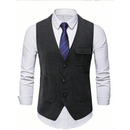 Suit Vest Man Vintage Single-breasted Pocket Male Waistcoat Slim V-neck Sleeveless Business Casual Versatile Men Vest