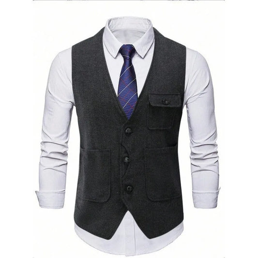 Suit Vest Man Vintage Single-breasted Pocket Male Waistcoat Slim V-neck Sleeveless Business Casual Versatile Men Vest