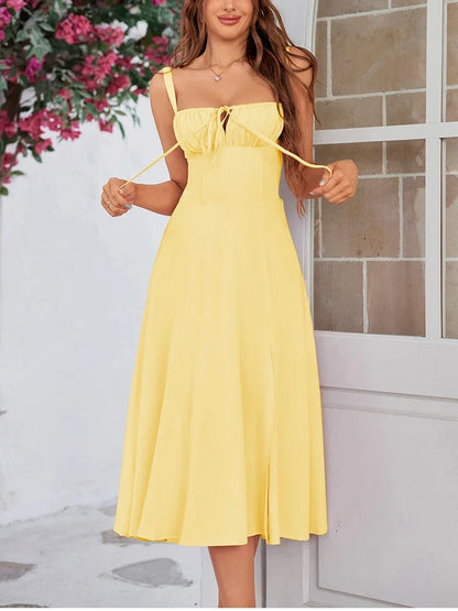 Summer Sweet Solid Sleeveless Long Dress Women Fashion Bandage Camisole Dresses Padded Boned Robe Elegant Party Vestidos