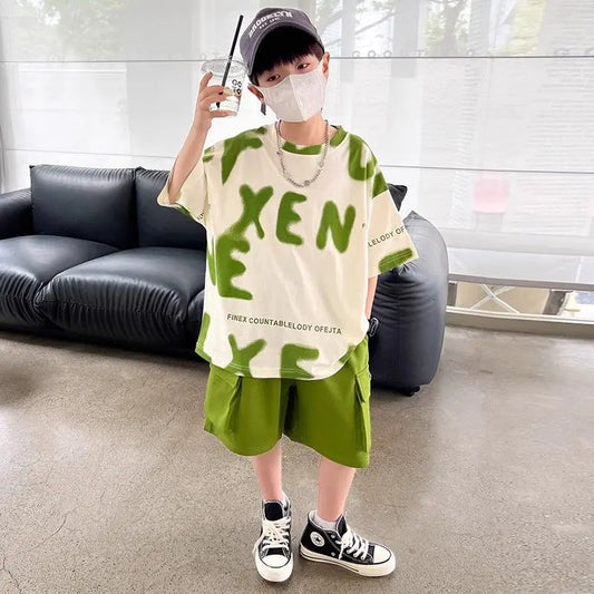 Printed Short Sleeve Children's Boy's Clothing Summer Suit Set Tees Tracksuit T-shirts Boy´s Elementary Student Men's Clothes