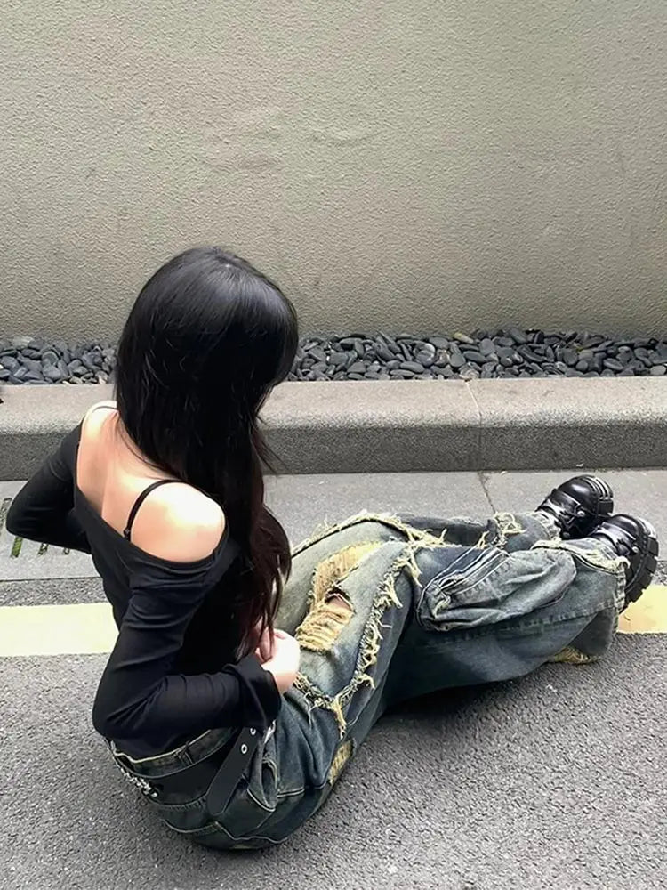2024 Winter Punk Sexy Vintage Ripped Harajuku Loose Jeans Y2K Hollow Out Trashy Pants Women's BaggyTassels Denim Trouser