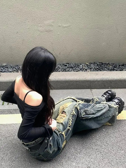 2024 Winter Punk Sexy Vintage Ripped Harajuku Loose Jeans Y2K Hollow Out Trashy Pants Women's BaggyTassels Denim Trouser