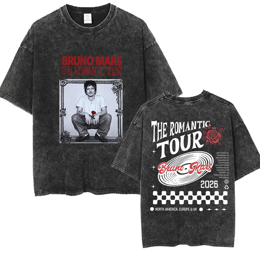 Bruno Mars The Romantic Tour 2026 Vintage Washed T Shirts Men's Women Punk Gothic Fashion Cotton Short Sleeve T-Shirt Streetwear