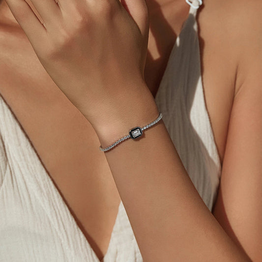 Bracelets Tennis pour femmes en argent sterling 925 émail noir et oxyde de zirconium transparent, bijoux fins, cadeaux