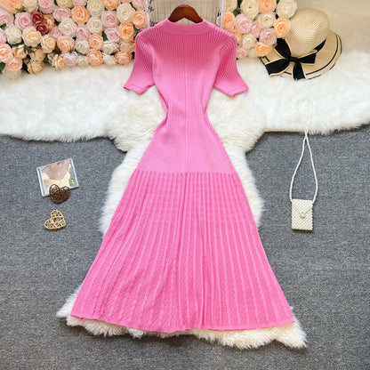 Brand Fashion Elegant Patchwork Knitted Long Dress Spring Summer Women Luxury Shirt Sweater Dress Lady Party Vestido