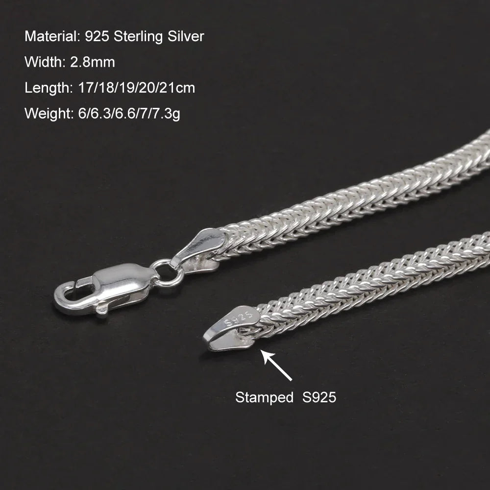 2.8mm 925 Sterling Silver Fox Tail Chain Bracelet for Men Women High Polished Classic Bracelet Simple Trendy Jewelry Accessories