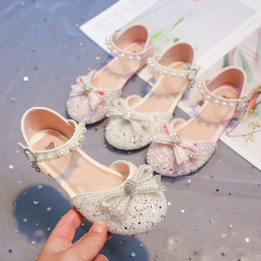 2026 Girls' Princess Shoes Spring And Summer Sandals White Flat Dress Shoes Pearl Decoration For Kids And Teens