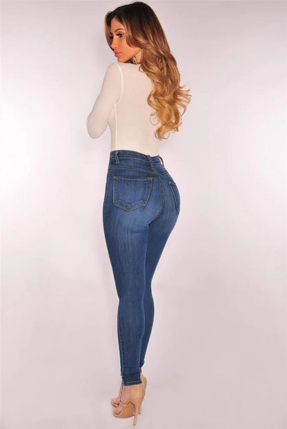 Women High Waist Elastic Slim Fit Skinny Jeans Lady Vintage Button Pencil Long Pants Narrow Straight Wrap Hips Casual Trousers