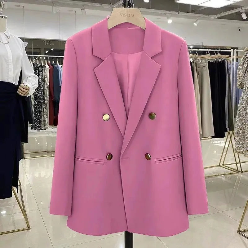 Blazer Woman Autumn Spring Long Sleeve Double Breatsed Lapel Loose Coat Slim Casual Jackets Office Ladies Vintage Blazers