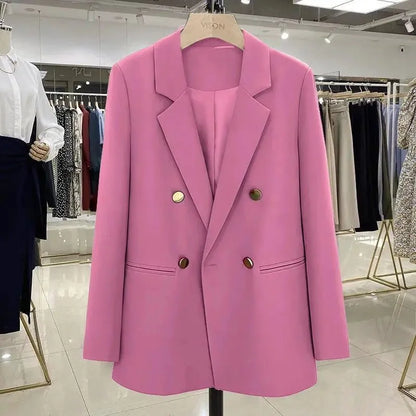 Blazer Woman Autumn Spring Long Sleeve Double Breatsed Lapel Loose Coat Slim Casual Jackets Office Ladies Vintage Blazers