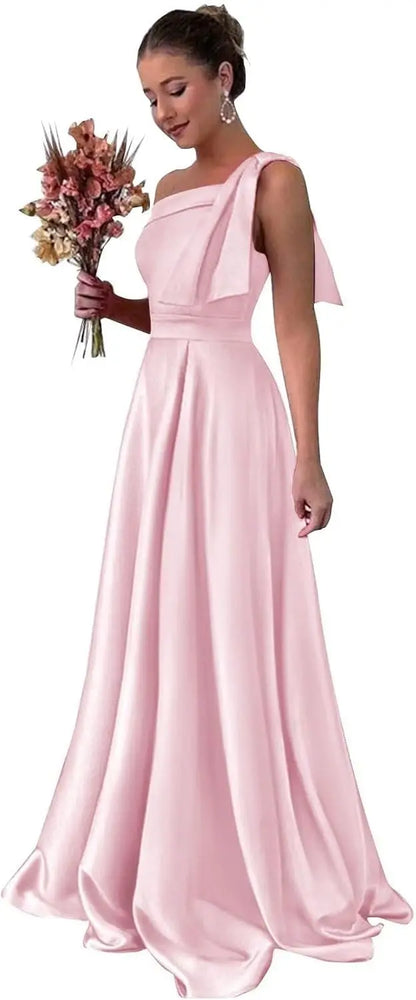 One Shoulder Large Bow Bridesmaid Dress with Pleated Satin and Pockets Simple ,Stylish Ball Dressadies' Guest One Shoulder Dress