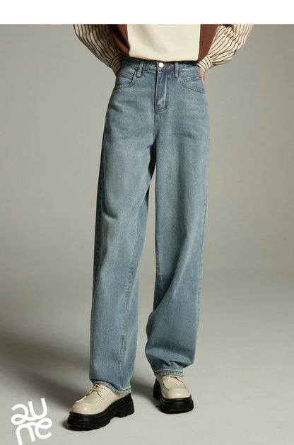 Women Jeans 2023 Autumn High Waist Straight Loose Trousers Fashion Casual Versatile Simple Basic Light Blue Pants
