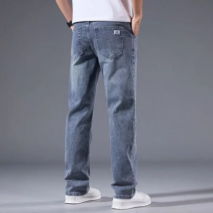 Men's loose straight leg jeans retro washed elastic casual pants suitable for all seasons versatile pants
