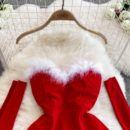 Women's Christmas Dress Sexy Low-cut Waist Thin Big Pendulum Fluffy Splicing Suspender Tube Ling Dress Red