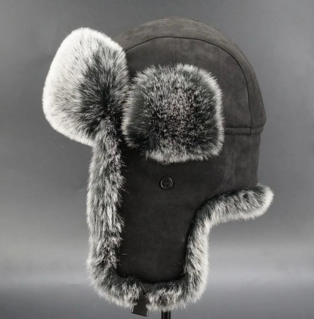 Suede Leather Russian Cossack Ski Cap Earflap Bonnet Faux Fur Earflap Bomber Hats Trapper Hat