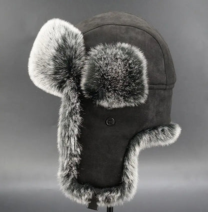 Suede Leather Russian Cossack Ski Cap Earflap Bonnet Faux Fur Earflap Bomber Hats Trapper Hat