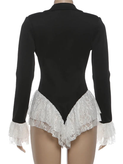 Sexy Ruffle Bodysuit Women Jacquard Deep V-Neck Lapel Tierred Patchwork Full Sleeve Elegant Stretch Skinny Clubwear