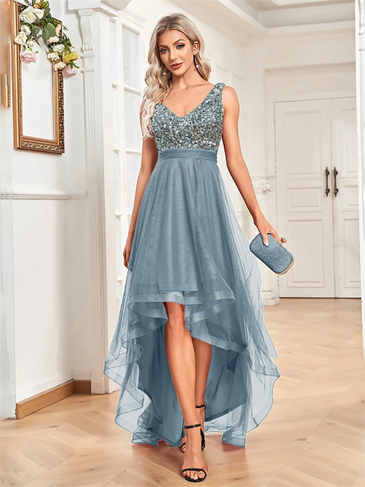 Elegant Women Sleeveless Sequins Floor Length Formal Evening Dresses Luxury V-neck Wedding Party Cocktail Gowns