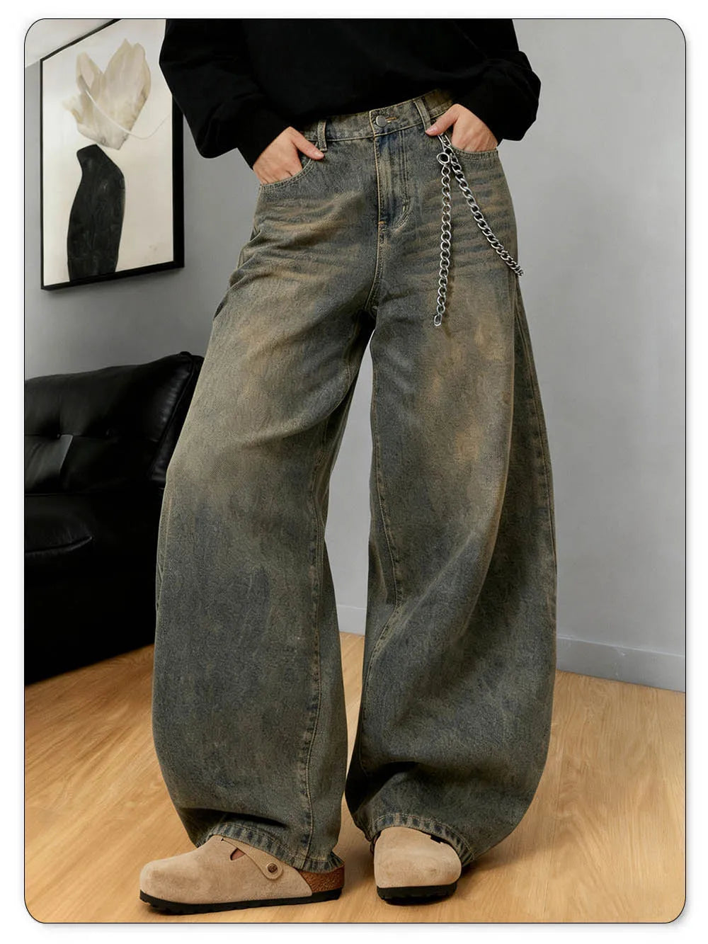 American Retro Baggy Wide Leg Jeans Men's Streetwear Distressed Y2K Clothing Casual Daily Four Seasons Denim Pants Unisex