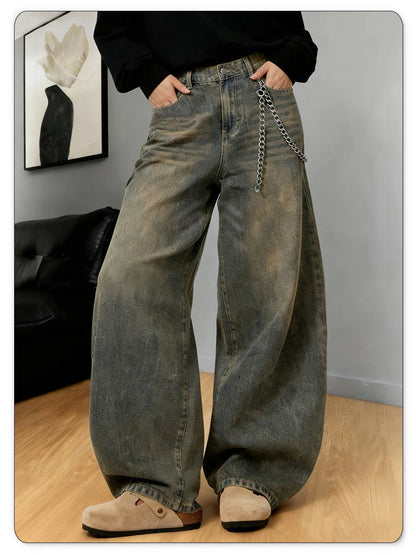 American Retro Baggy Wide Leg Jeans Men's Streetwear Distressed Y2K Clothing Casual Daily Four Seasons Denim Pants Unisex