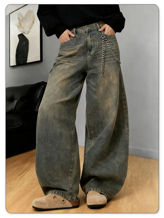 American Retro Baggy Wide Leg Jeans Men's Streetwear Distressed Y2K Clothing Casual Daily Four Seasons Denim Pants Unisex