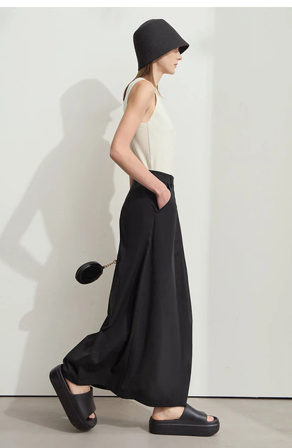 Minimalism 2025 New Long Skirts For Women Summer Vocation Black Pleated Elegant Office Lady Commuting Loose Skirt 12542102