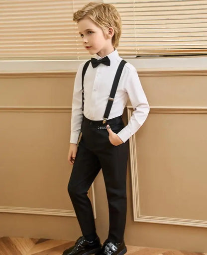 Boys 007 Photograph Suit School Kids Shirt Strap Pants Bowtie 4PCS Clothing Set Children Piano Performance Dance Dress Costume