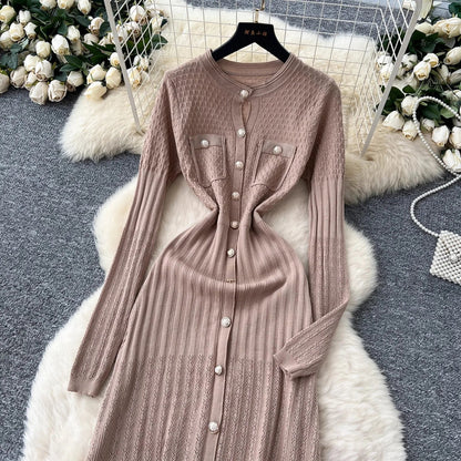 Brand Fashion Aesthetic Patchwork Knitted Maxi Dress Autumn Winter Women Luxury Shirt Sweater Dress Office Lady Vestido