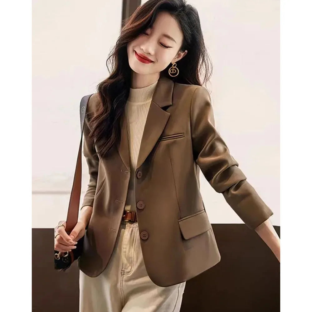 Coffee Small Blazer Jacket Spring Autumn Women Short Suit Coat Korean Casual Long Sleeve Single Breasted Blazers Solid Short Top