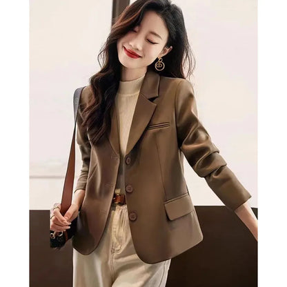 Coffee Small Blazer Jacket Spring Autumn Women Short Suit Coat Korean Casual Long Sleeve Single Breasted Blazers Solid Short Top