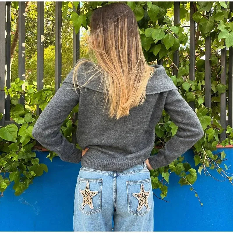European and American Leopard Print Star Patch Jeans Street Women's High Waist Jeans Fashion Clothing Vintage Straight Trousers