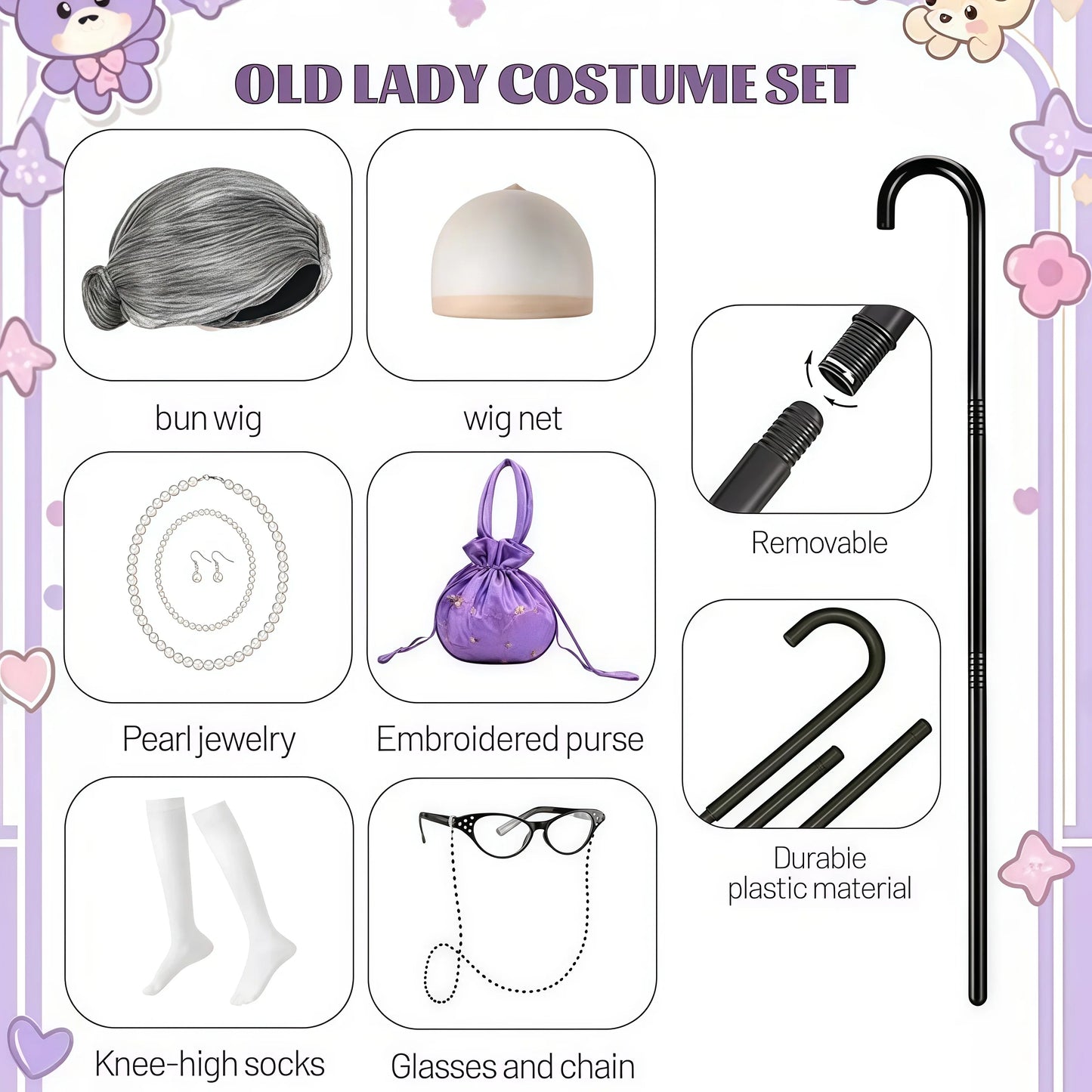 Baby Girl Celebrating 100th School Days Funny Cosplay Costumes Dress Granny Girl Cosplay Floral Old Lady Dress Up With Cane