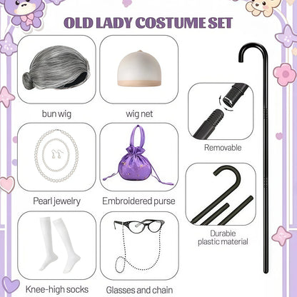 Baby Girl Celebrating 100th School Days Funny Cosplay Costumes Dress Granny Girl Cosplay Floral Old Lady Dress Up With Cane