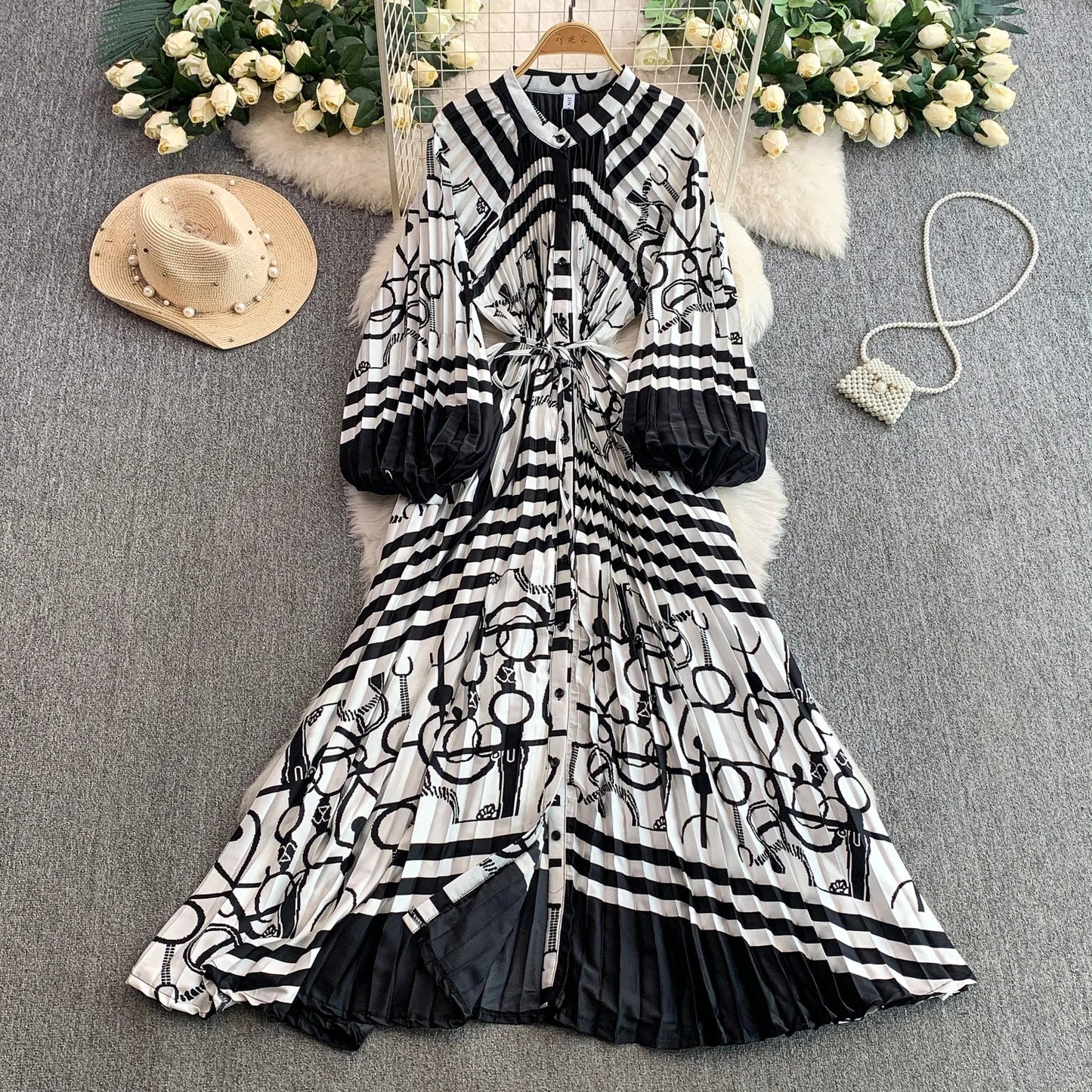 Ele Printed round Ne Lantern Sve Dr Women's Single Button Waist Cinch Maxi Skirt Long Dr Commute Sle Autumn