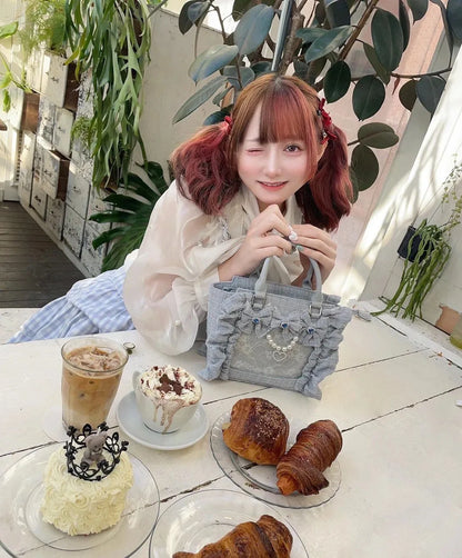 Japanese Sle Lace Trim Painful Bag Small Fraance Sle Handbag Single oulder Satchel Embellied with Button And Pleate...