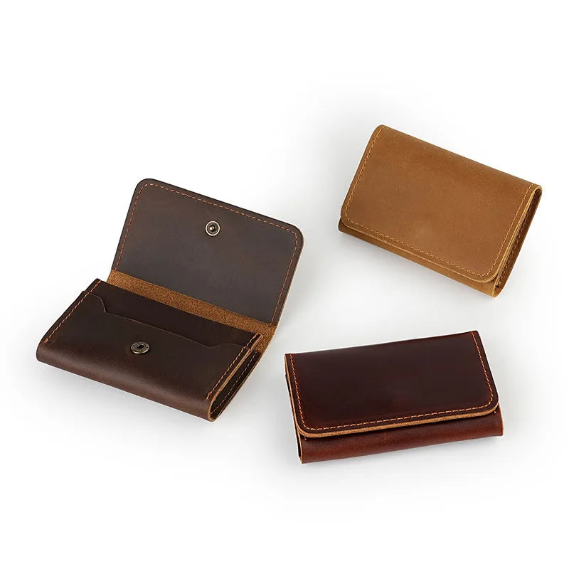 Crazy Horse Leather Card Holder Top-Grain Cowhide Snap - Button Genuine Leather Multi-function Wallet RFID Credit Card Case
