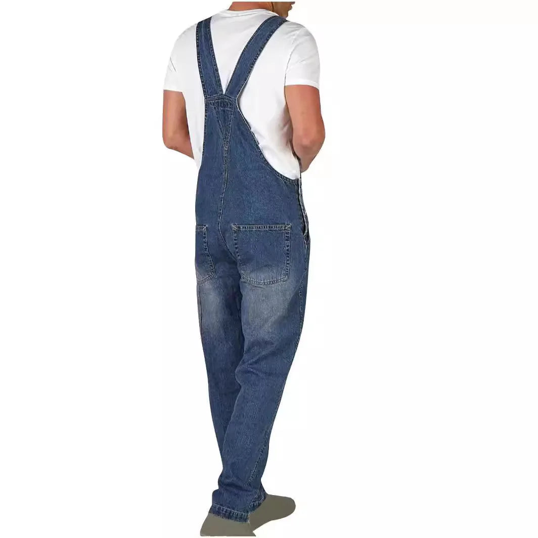 Overalls Jeans Men Ankle Length Jumpsuits Straight Pants Spliced One Piece Pockets Loose Vintage Wash Denim Casual Solid
