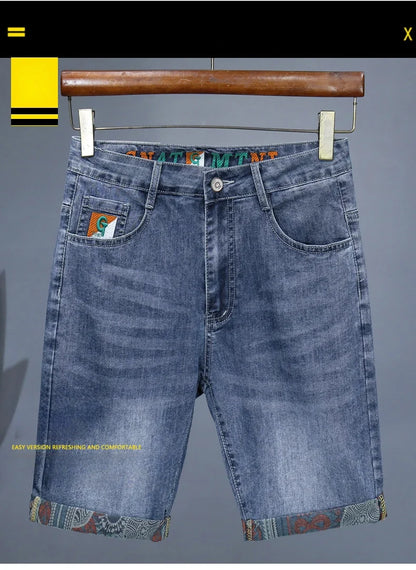 Summer New Men's Embroidered Denim Shorts Fashion Straight Slim Personality Streetwear Jeans Male Bermuda Male Short Pants