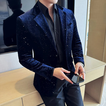High Quality Velvet Bronzing Suit Coats Mens Sparkle Elegant Slim Business Suits Jacket Homme Formal Social Prom Party Tuxedos