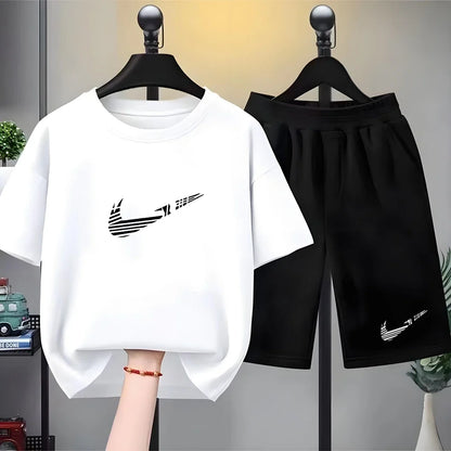 Children Set white T-shirt Short-Sleeved+Shorts Boy Girl Toddler 3-12Years Casual Sports Brand cool Fashio Clothes Summer