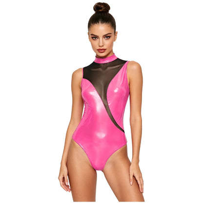 Womens Patent Leather Bodysuit Jumpsuit Sleeveless Invisible Zipper Back Mesh Patchwork Shiny Leotard for Disco Party Clubwear