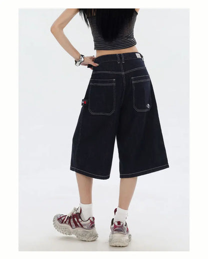 American High Street Fashion Loose Denim Shorts Retro Wide Leg Crop Pants Women Y2k High Waisted Embroidery Casual Mid Trouser