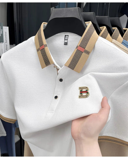 Summer men's light luxury brand letter printed short sleeved T-shirt Polo shirt breathable striped collar business casual top