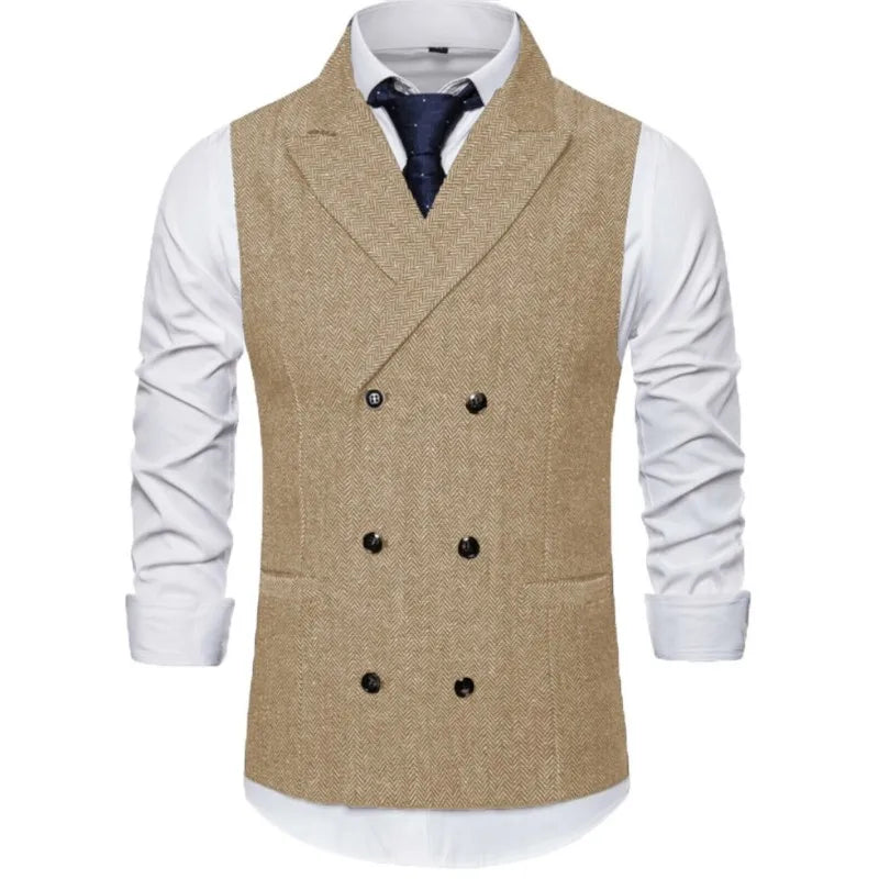 Men Vest Brown Herringbone Double Breasted Buckle Solid Business Casual Waistcoat Regular Slim Banquet Men Suit Vest